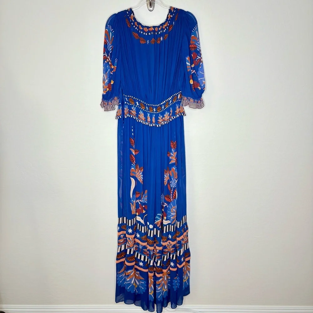 Farm Rio Nature Beauty Maxi Dress Blue Boho Print Short Sleeve Size Large NWT - Picture 9 of 12